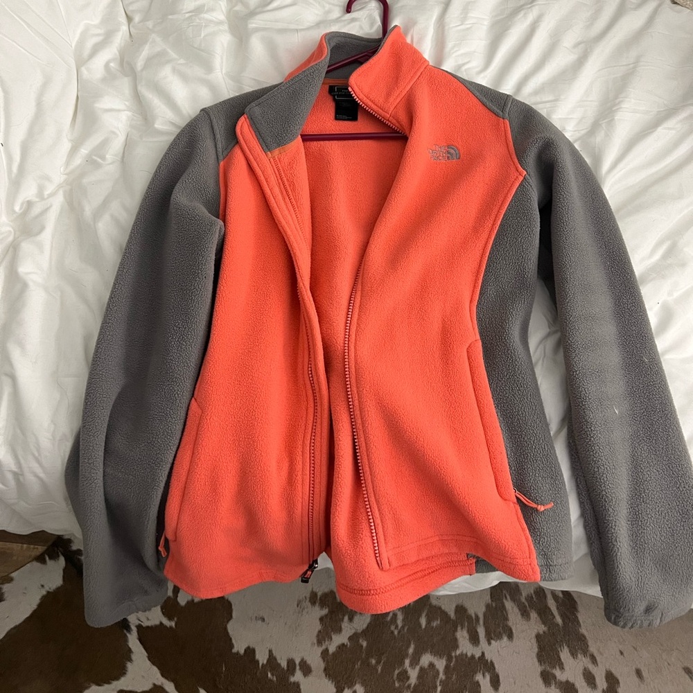 Women’s North Face zip up, peach & grey, size medium